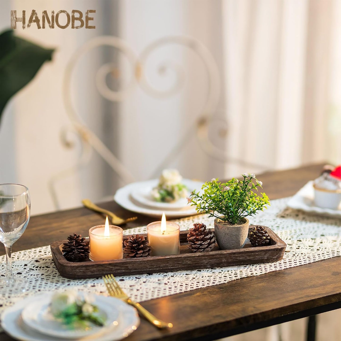 Hanobe Rustic Wood Centerpiece Tray: Decorative Tealight Candle Holders Long Farmhouse Candle Plate Wooden Table Centerpiece for Dining Room Kitchen Coffee Table Rectangular Trays Home Decor