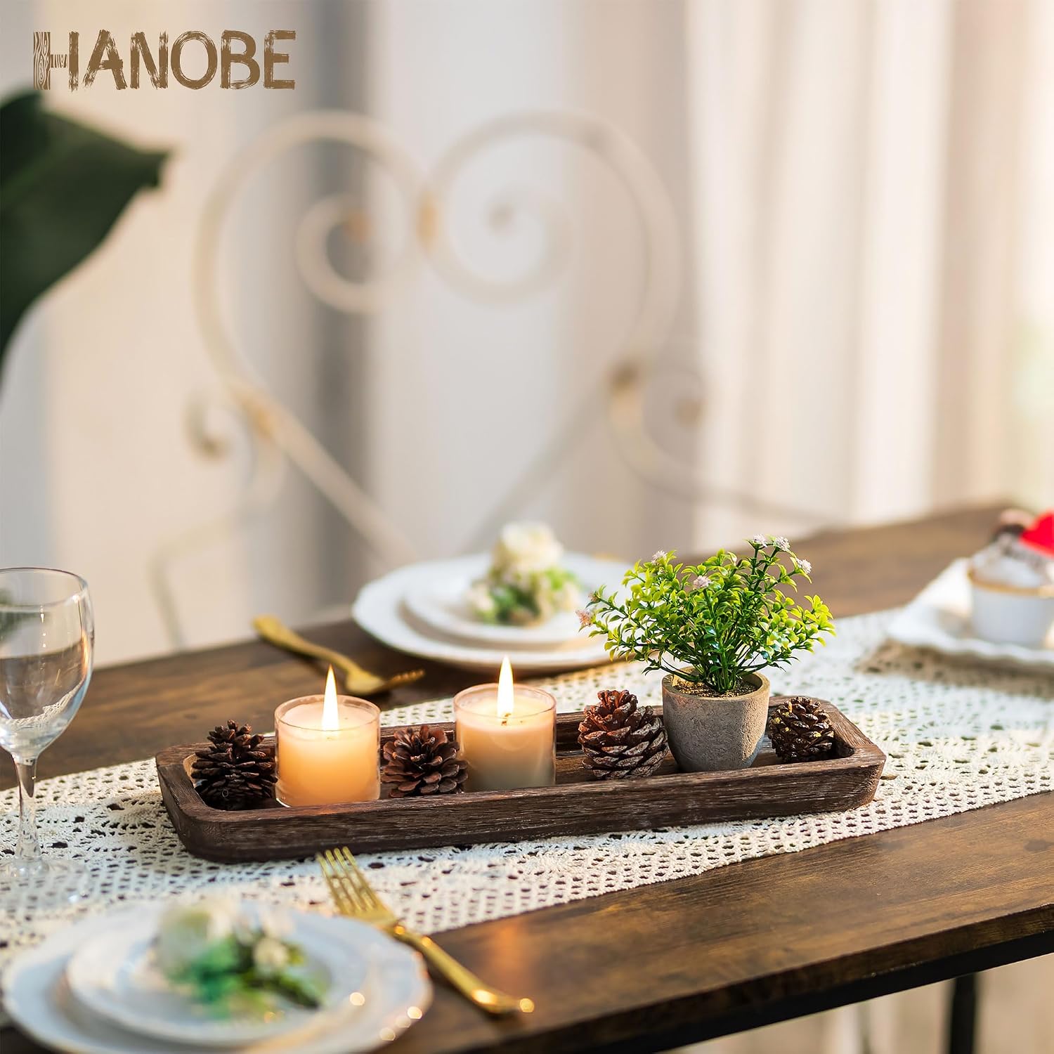 Hanobe Rustic Wood Centerpiece Tray: Decorative Tealight Candle Holders Long Farmhouse Candle Plate Wooden Table Centerpiece for Dining Room Kitchen Coffee Table Rectangular Trays Home Decor