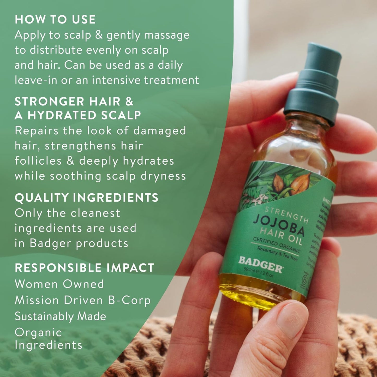 Badger Organic Jojoba Hair Oil & Dry Scalp Treatment, Soothing & Moisturizing Itchy Dry Scalp Oil, Rosemary Hair Oil, Organic Jojoba Oil Hair & Scalp Moisturizer, 2 fl oz Glass Bottle