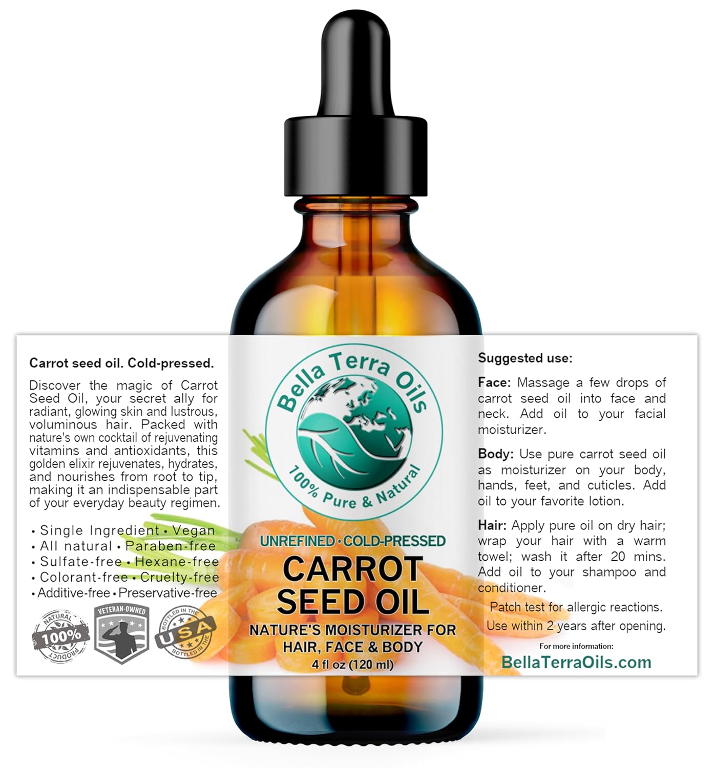 Bella Terra Oils - Organic Carrot Seed Oil 4 oz - Dive into Carotene's Natural Power, High in Essential Fatty Acids, Experience Luxurious Skin Nourishment