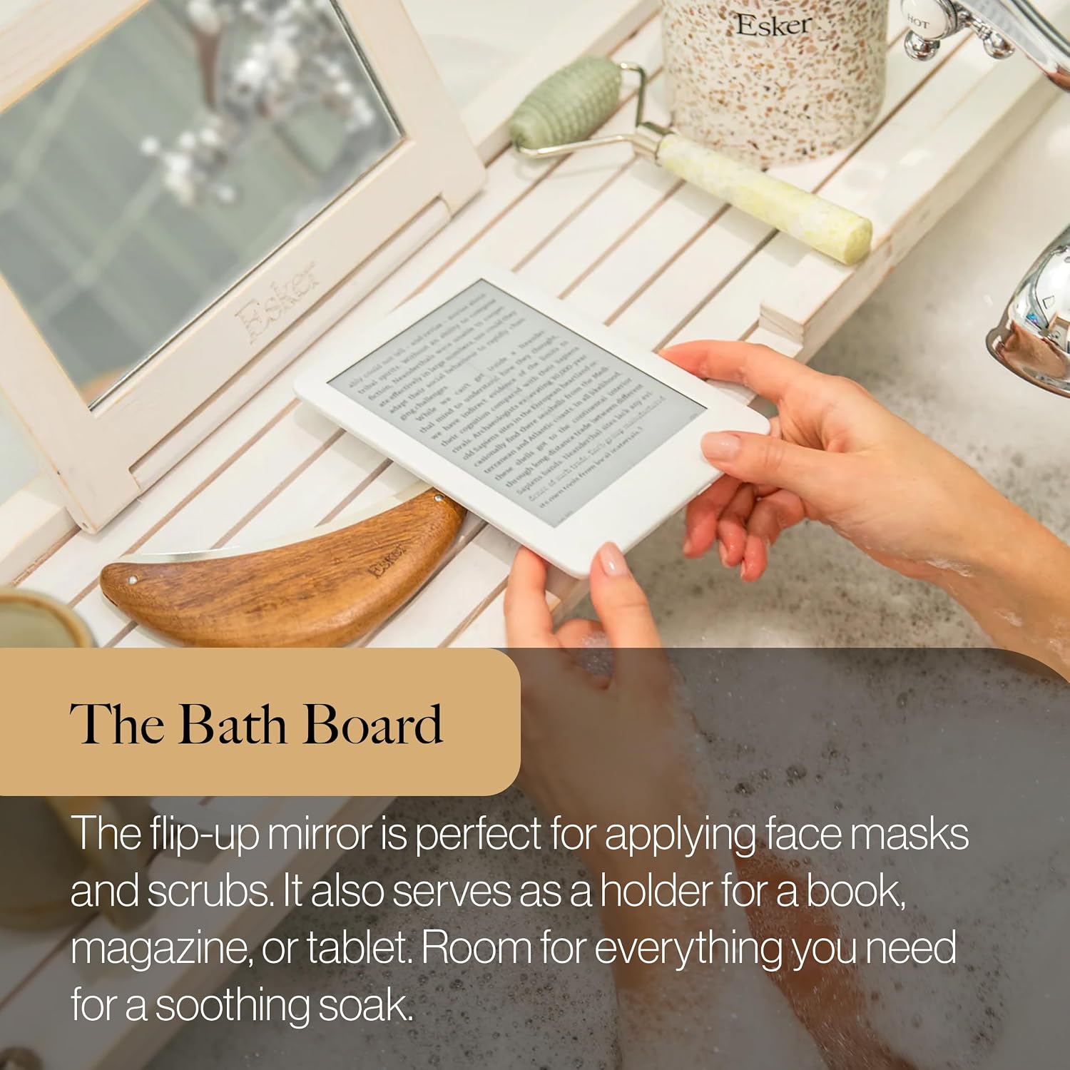 Esker Bathtub Tray, Premium Pine Wood Bath Board with Hemp Rope Handles; 32” Wide with Built in flip-up Mirror for applying Make-up, Masks or Scrubs; Must Have Bath Accessory Tray Caddy.
