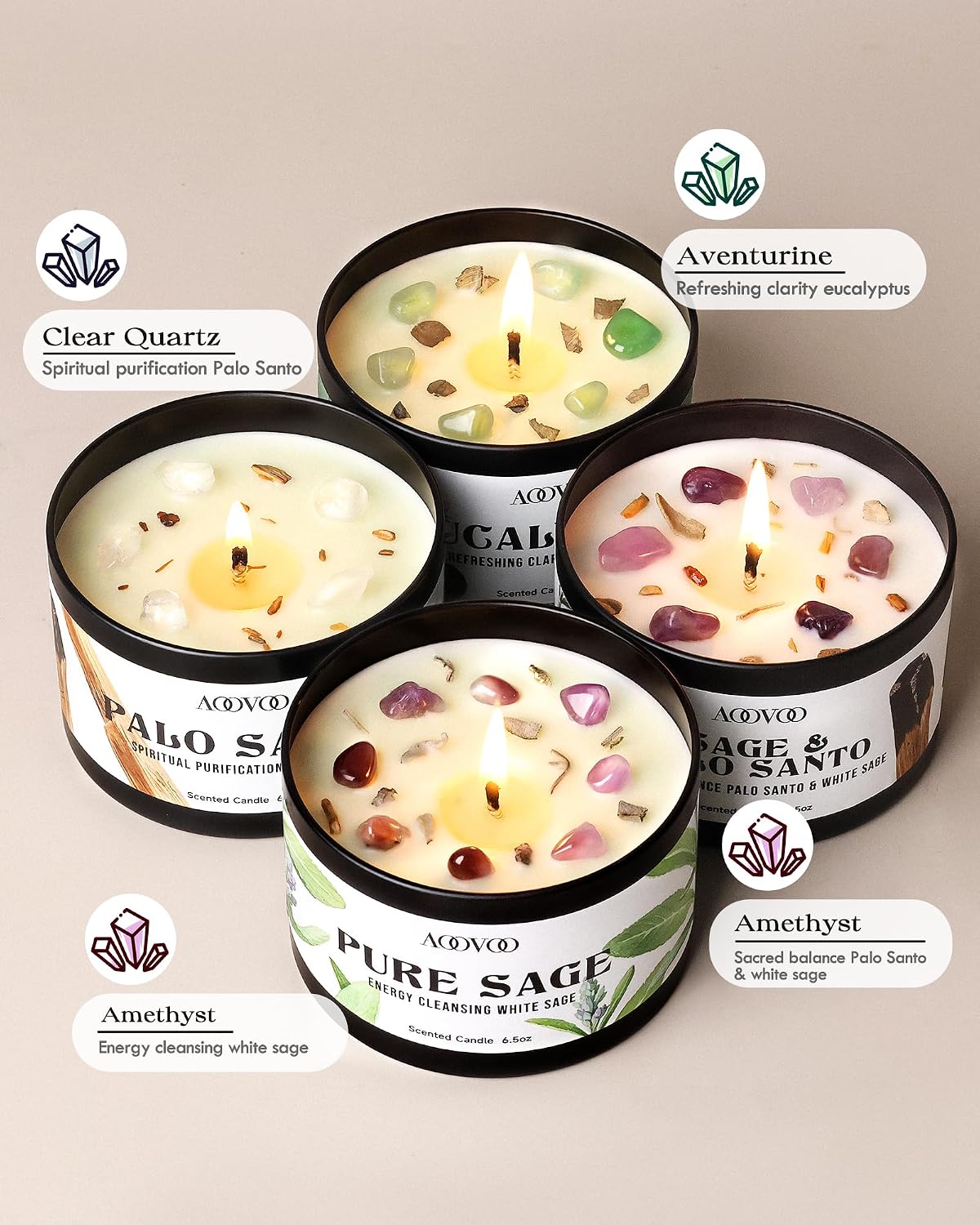 AOOVOO 4 Pack Sage Candles - Sage, Palo Santo, Sage & Palo Santo, Eucalyptus Mint Candle Set with Crystals & Decor, 26oz 200 Hours Long Lasting, Non Toxic Candles for Spiritual House Energy Cleansing