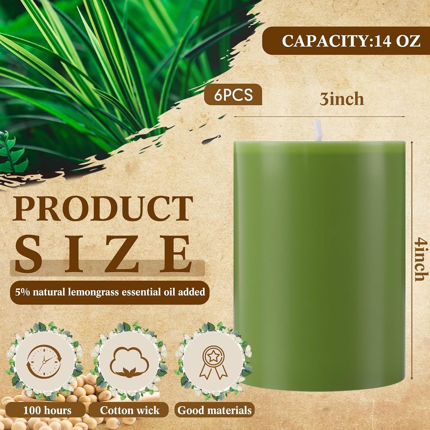 Lounsweer 6 Pcs 3 x 4 Inch Citronella Scented Pillar Candles Green Scented Candle for Home Indoor & Outdoor Use