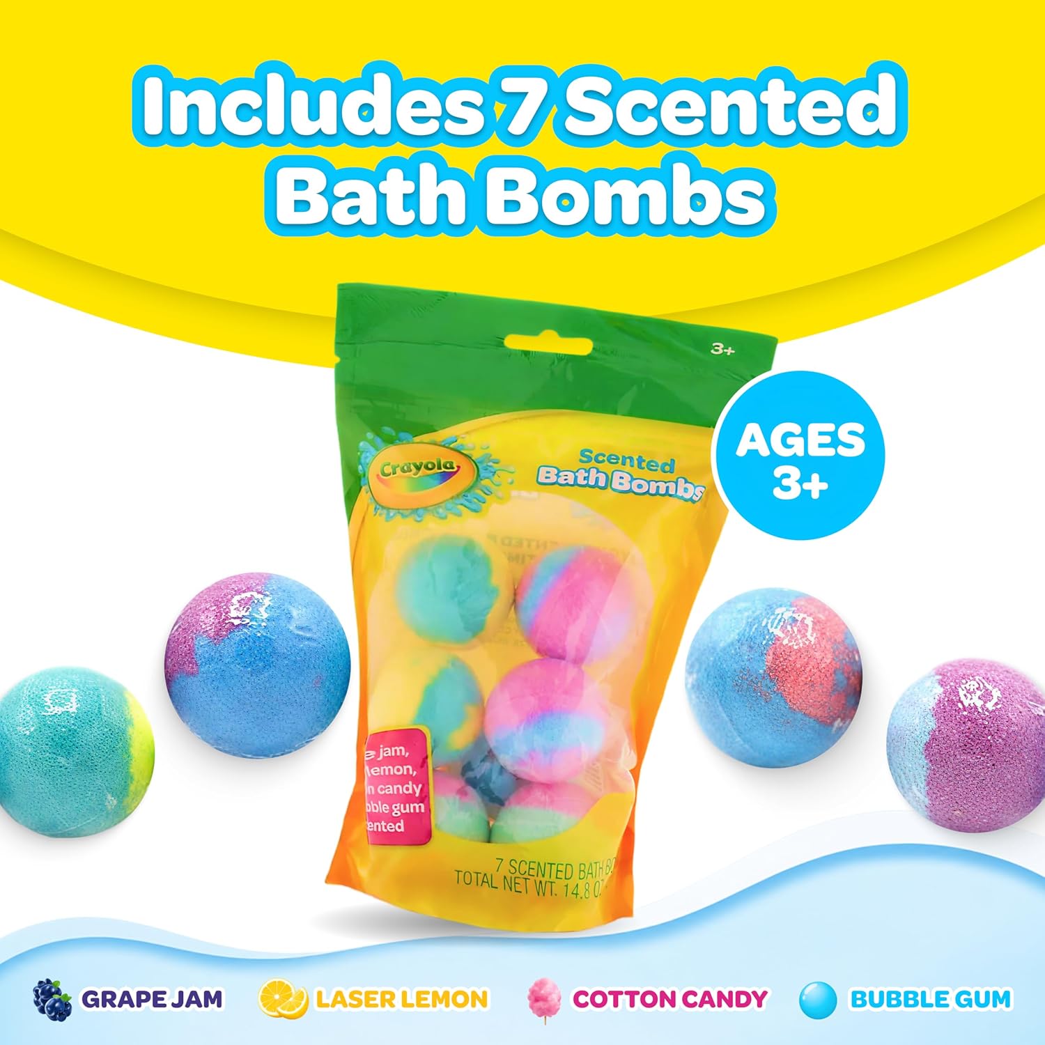 Crayola Scented Bath Bombs for Kids (7 Count), Non-Toxic, Stain Free, Multi-Colored Fizzy Bath Bombs with Grape, Lemon, Cotton Candy & Bubblegum Scents