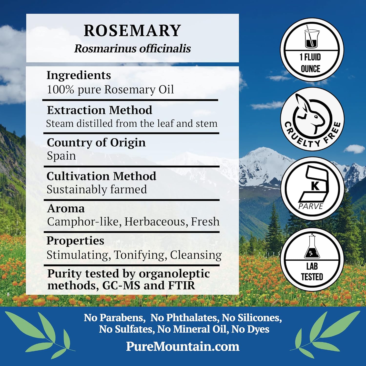 Pure Mountain Botanicals Rosemary Essential Oil - Pure, Undiluted, Steam Distilled - Spanish Rosemary - Kosher Certified - 1 fl oz (30 ml)