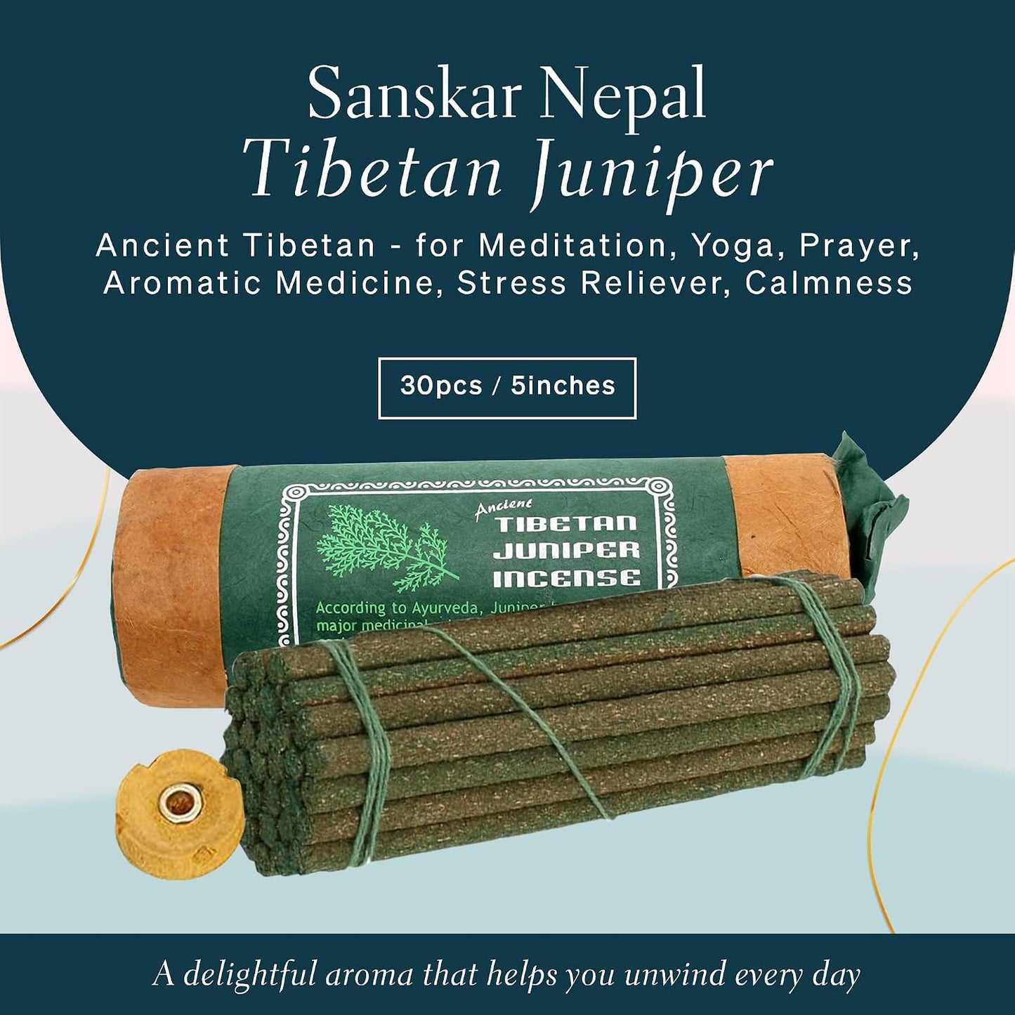 Ancient Tibetan Juniper Incense for Meditation, Yoga, Prayer, Aromatic Medicine, Stress Reliever, Calmness - Pack of 1, 30 Sticks with Wooden Burner