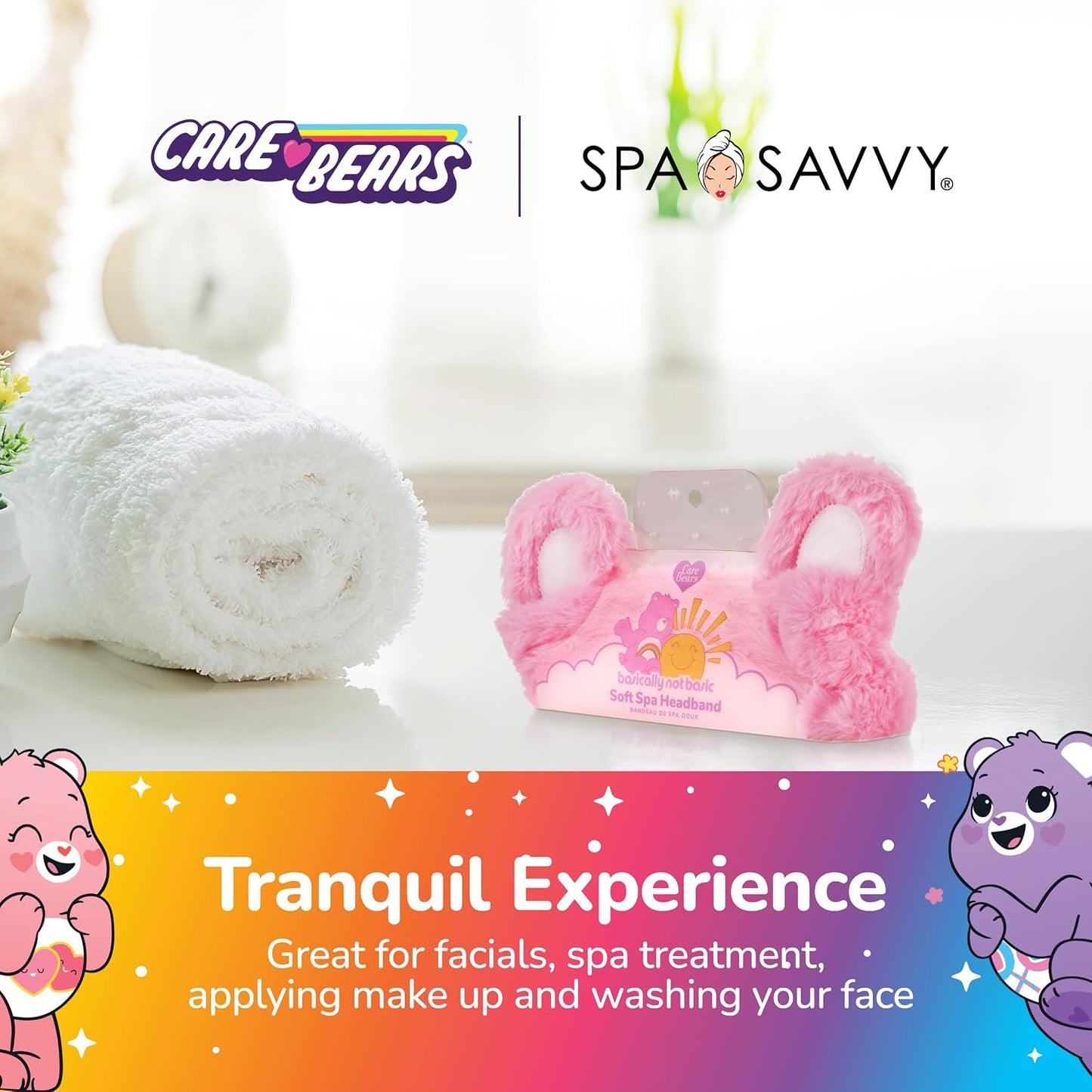 Care Bears Skincare Headband, Cheer Bear Pink Spa Hair Band with 3D Ears for Face Wash, Makeup, and Skin Care Routine