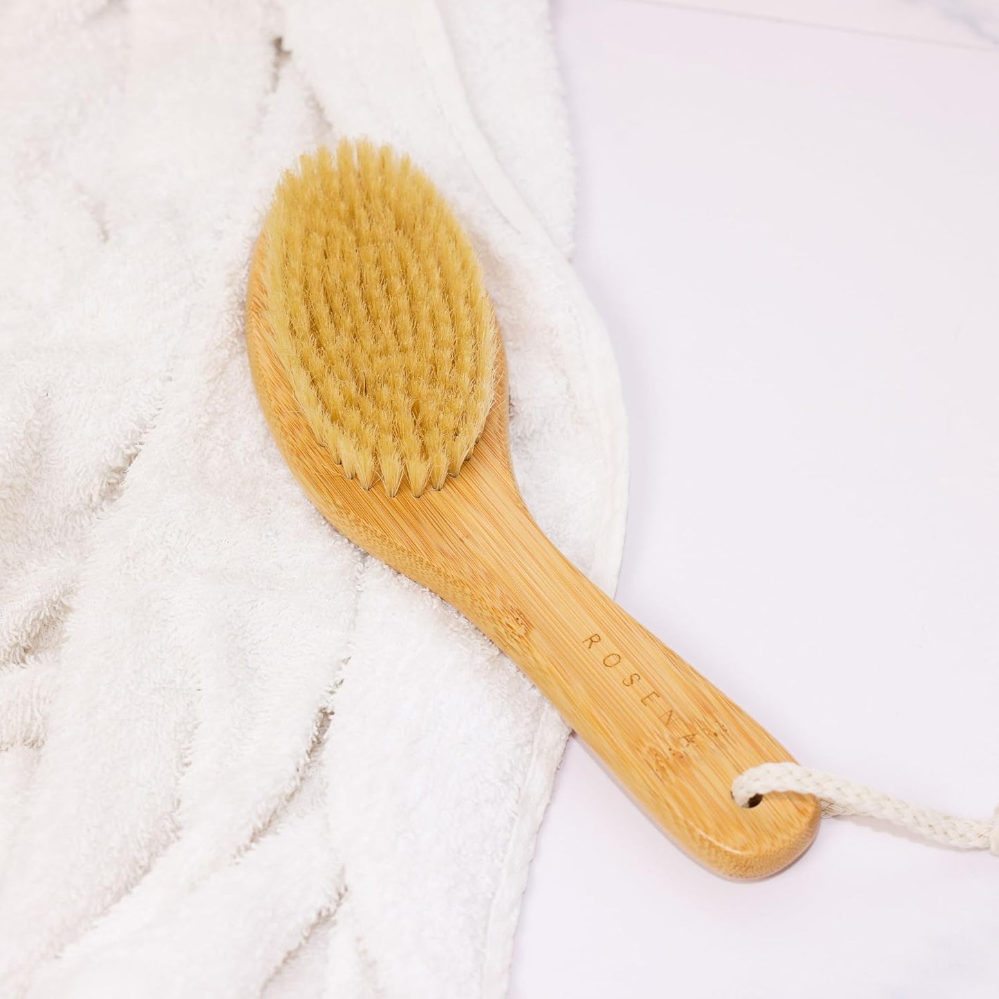 ROSENA Dry Brushing Body Brush with Curved Handle - Dry Brush Natural Boar Bristles, Bamboo, Ergonomic Design for Exfoliating & Lymphatic Drainage, Sustainable Materials