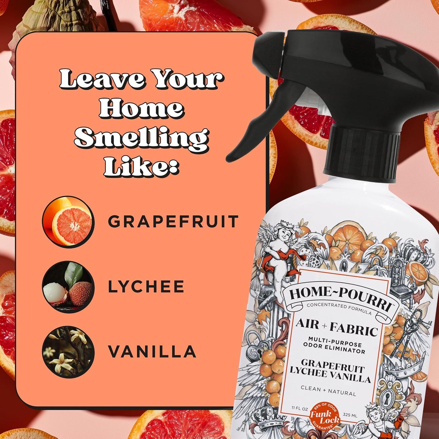 Home-Pourri Air + Fabric Multi-Purpose Odor Freshener Spray, Grapefruit Lychee Vanilla, 11 Fl Oz - Vanilla and Grapfruit Lychee