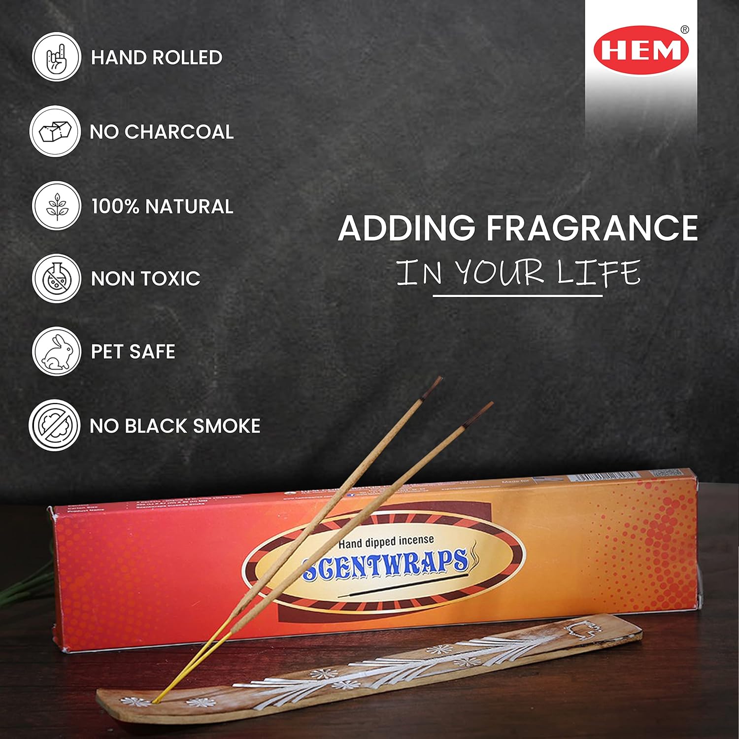 Hem Incense Sticks Variety Pack Set of 5 Packs (12 Stick x 5 Pack,60 Sticks), Hem Scentwrap 11 inches Natural Hand Dipped Insenses with Raajsee Incense Holder Bundle, Free from Chemicals Non Toxic