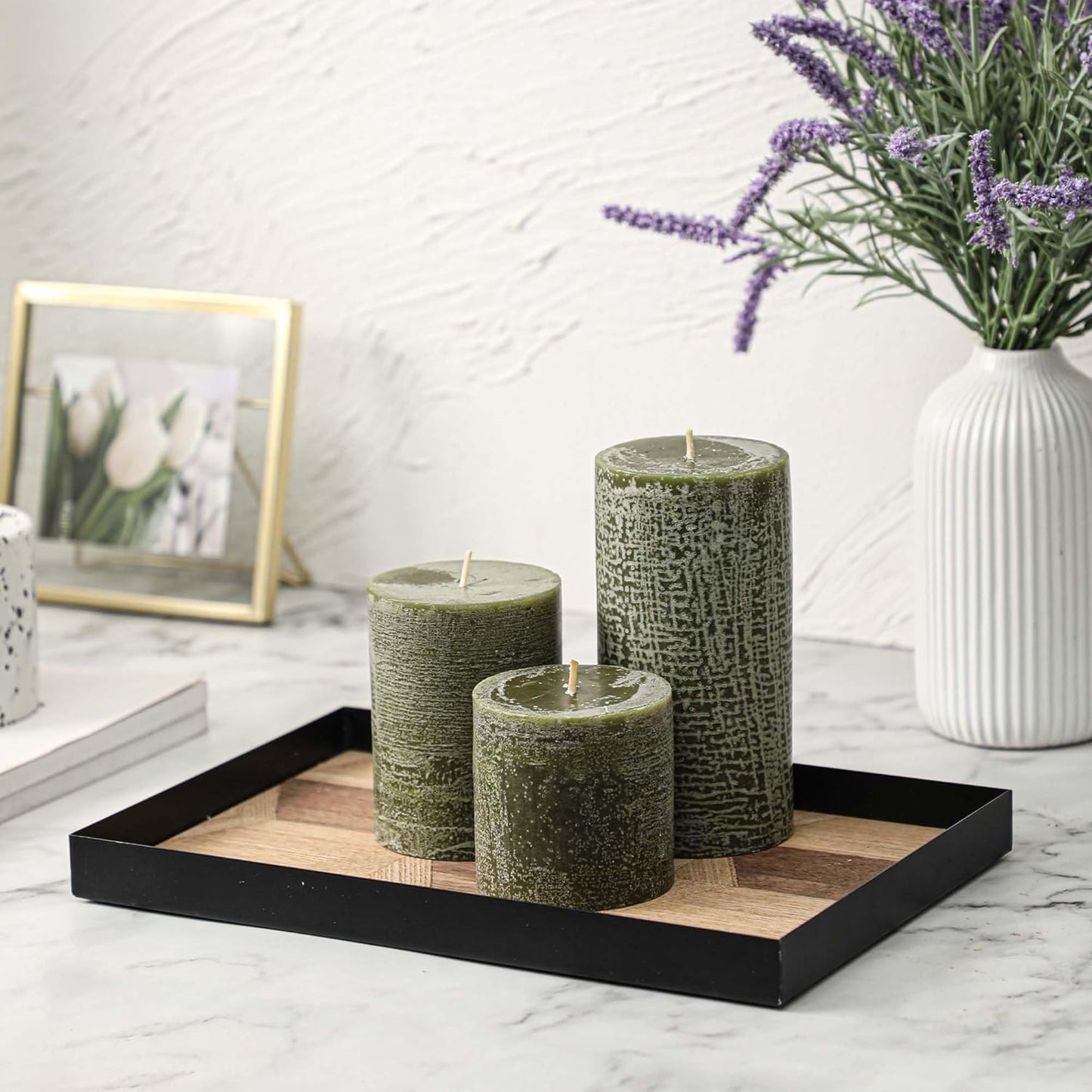 3x4 Inch Moss Green Pillar Candles - Set of 3, Long Clean Burning, Smokeless Dripless Candles for Spring Home Decor, Dinner Table, Bathroom, Rustic Decor