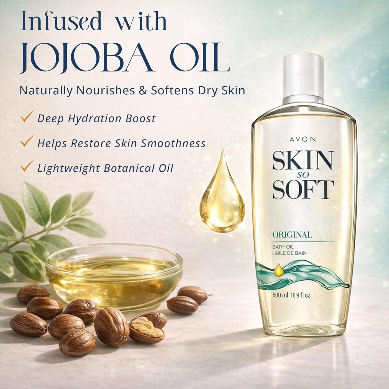 AVON Skin So Soft Original Bath Oil for Women, Moisturizing Body Oil with Jojoba Oil for Dry Skin, 16.9 fl oz Hydrating Shower Oil; Perfect as an After-Shower Skin Softener for All Adults