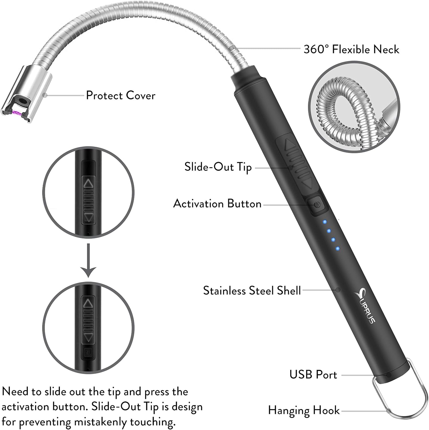 SUPRUS Electric Candle Lighter USB Type C Rechargeable Lighter Steel Shell & Hanging Hook with 360° Flexible Neck (Black)