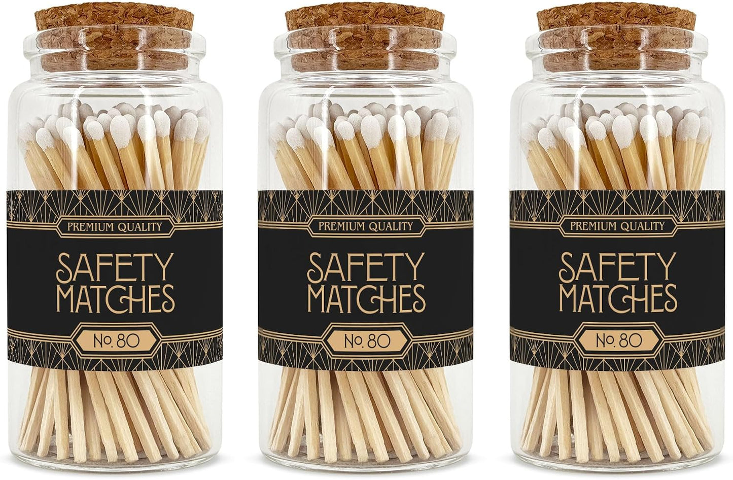 Art Deco Wooden Matches in a Jar with Striker | Decorative Matches for Candles | Long Matches for Candles in Apothecary Glass Jar | Approx. 80 Safety Matches for Home Decor & Bathroom