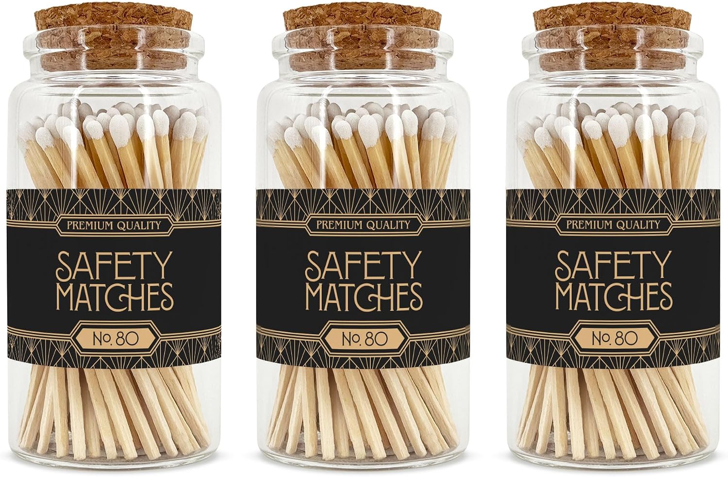 Art Deco Wooden Matches in a Jar with Striker | Decorative Matches for Candles | Long Matches for Candles in Apothecary Glass Jar | Approx. 80 Safety Matches for Home Decor & Bathroom