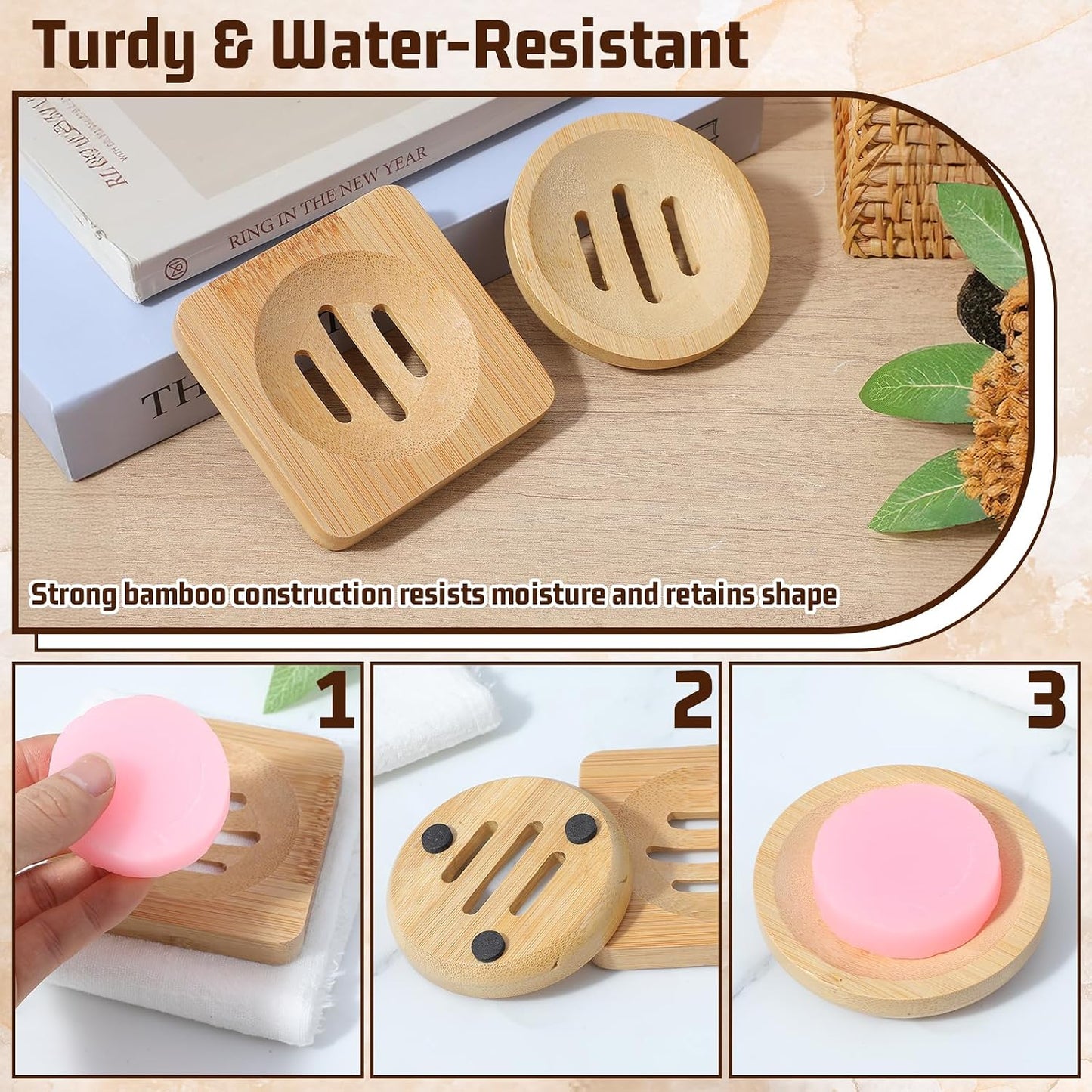 Ymapinc 2-Pack Bamboo Soap Holder, Round+Square Natural Bamboo Soap Dish & Shower Steamer Holder, Wood Tray for Home Shower Bathroom