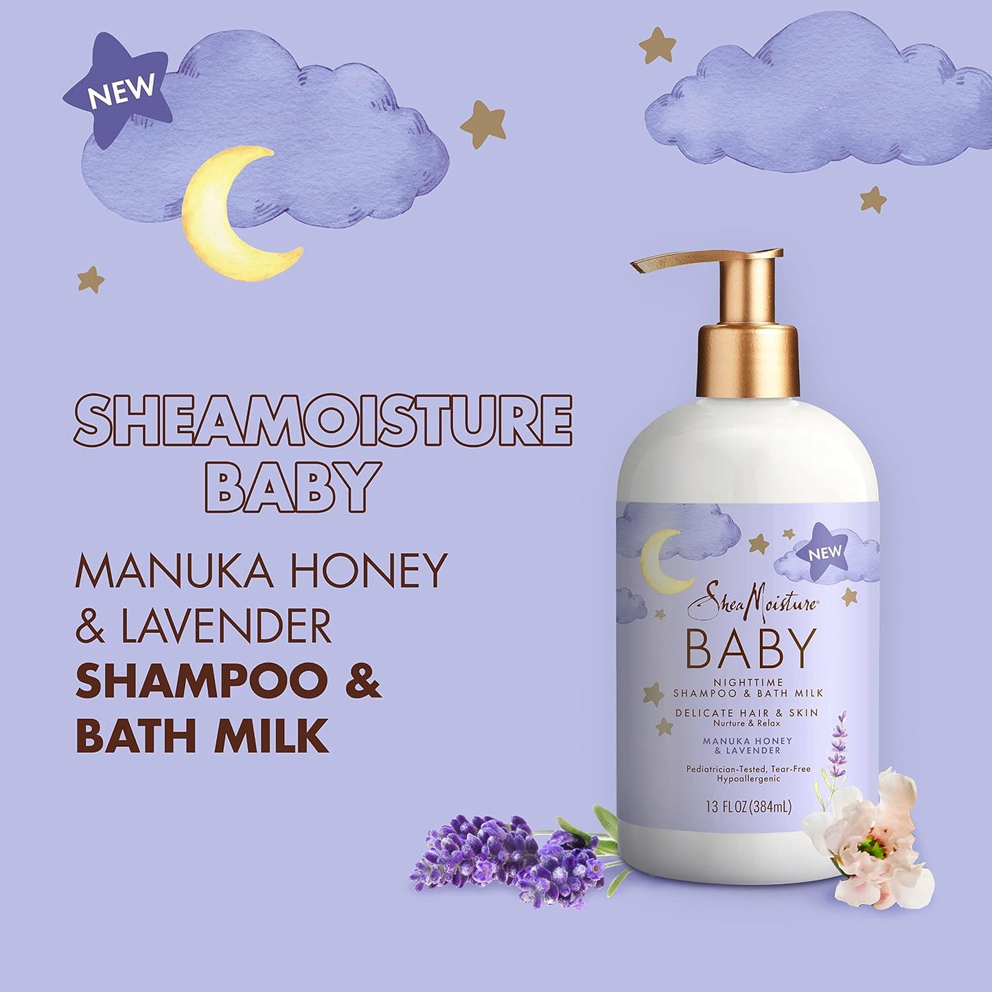 SheaMoisture Baby Shampoo & Bath Milk Manuka Honey & Lavender for Delicate Hair and Skin Nighttime Skin and Hair Care Regimen 13 oz