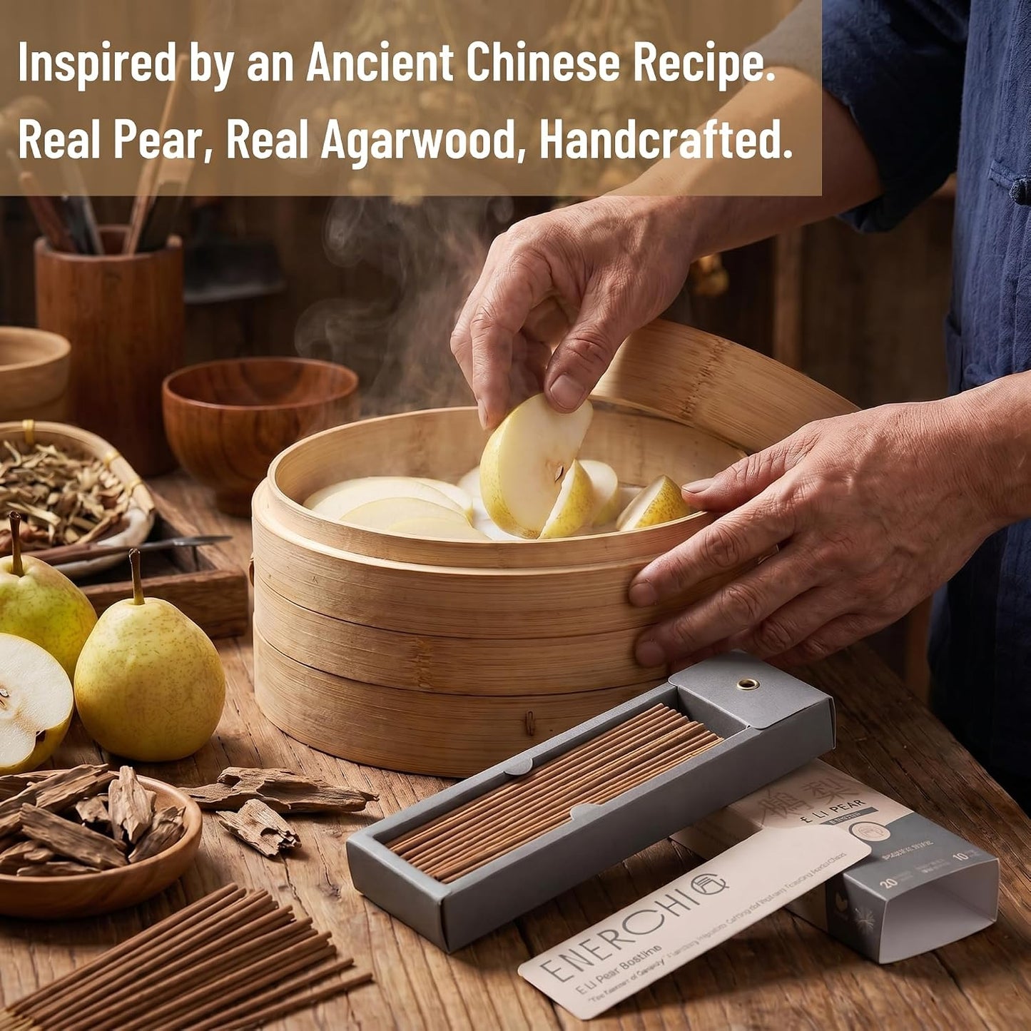 Pear-Steamed Sandalwood Incense Sticks with Agarwood — 20 Hand-Rolled Sticks, 3-Stage Scent (Fresh Pear to Milky Wood), Low Smoke, 30 Min Burn, Natural Incense for Meditation & Bedtime Ritual