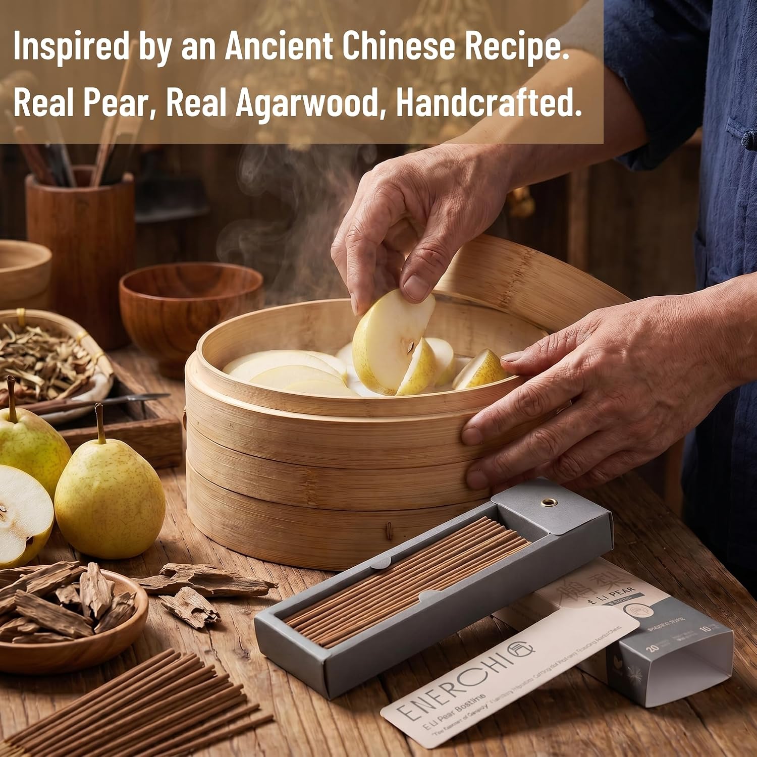 Pear-Steamed Sandalwood Incense Sticks with Agarwood — 20 Hand-Rolled Sticks, 3-Stage Scent (Fresh Pear to Milky Wood), Low Smoke, 30 Min Burn, Natural Incense for Meditation & Bedtime Ritual