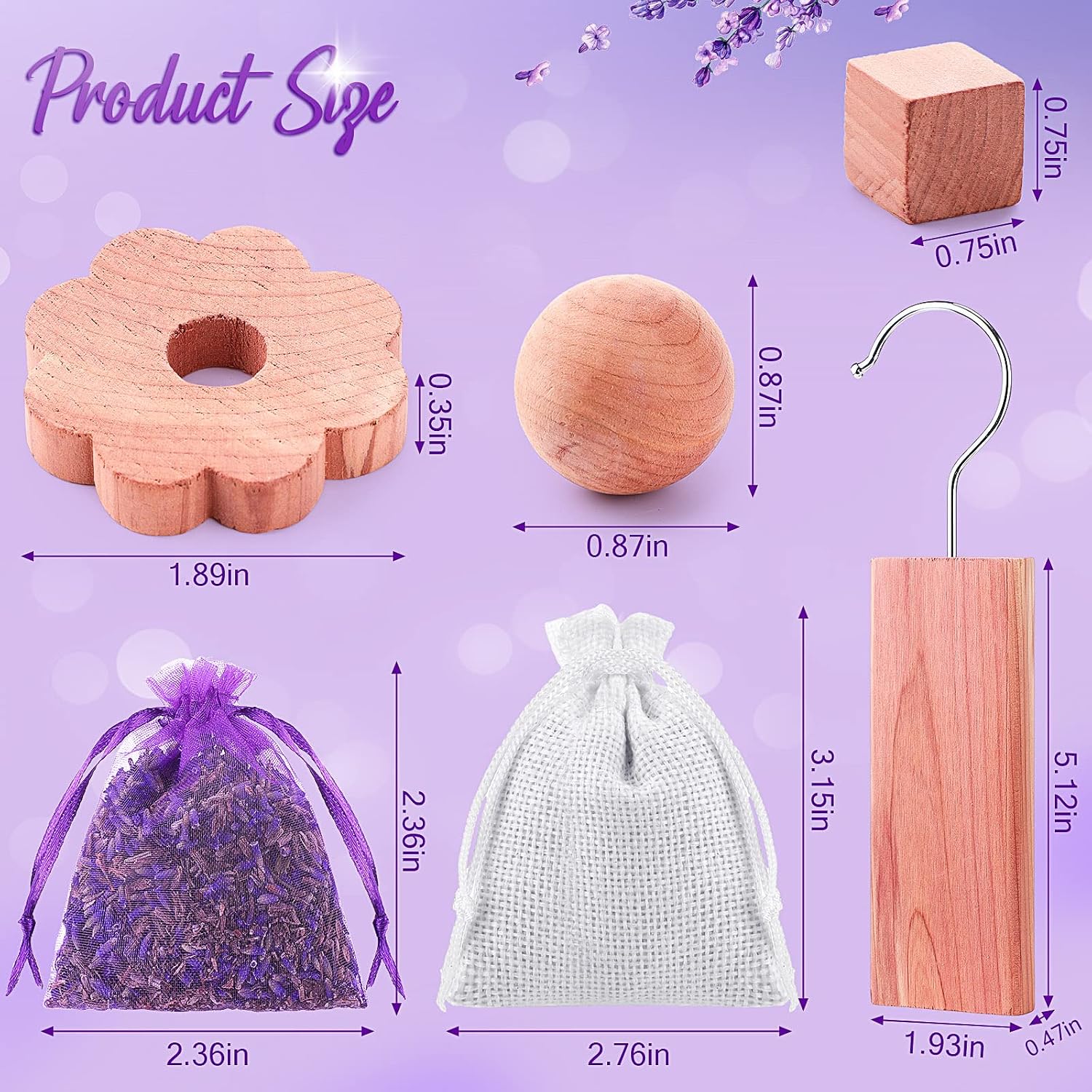 Demissle Cedar Blocks for Clothes Storage, 120 Pcs Set with Cubes, Balls, Rings, Pouches, Lavender Sachets for Closets and Drawers, Fresh Scented Sachets