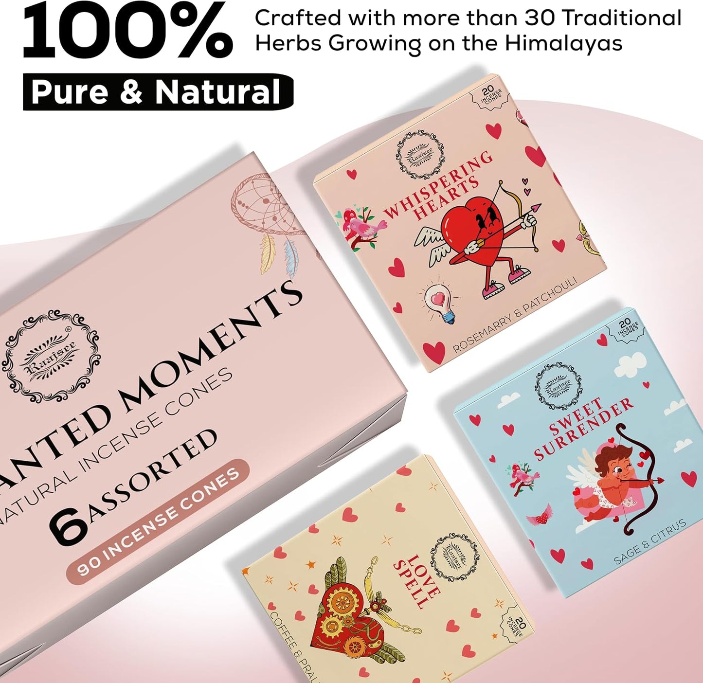 Natural Incense Cones, 6 Pack Enchanted Moments Cone Incense Gift Pack 15 pc Each (90 Total), Insence Cones 100% Organic Non Toxic Natural
