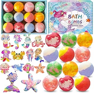 Bath Bombs for Kids with Surprise Inside, 12pcs Kids Bath Bombs with Mermaid Toys Gift Set for Girls, Shea & Coco Butter Dry Skin Moisturize, Birthday Easter Gifts Spa Bath Ball with Bath Toy Fun