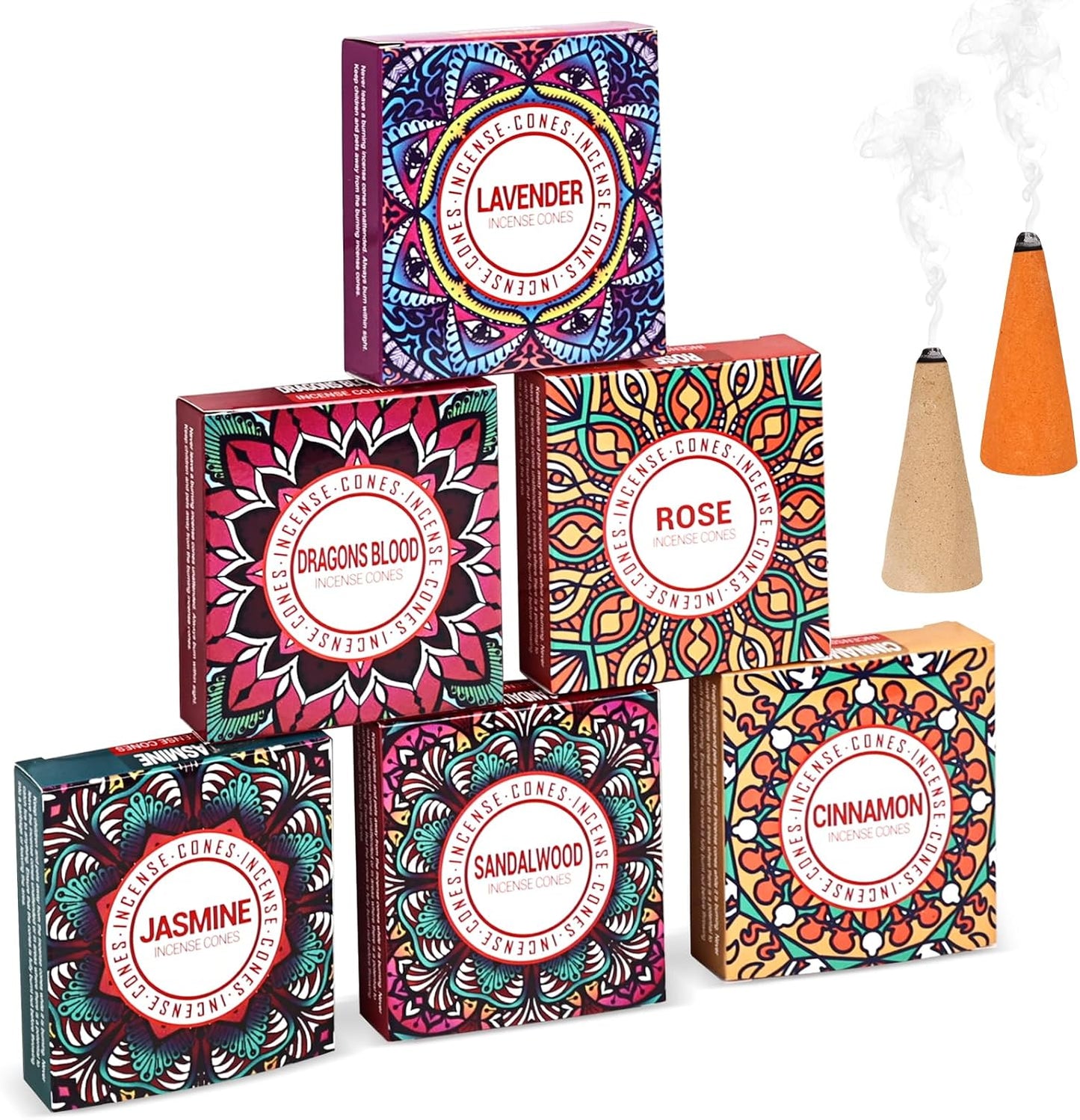 Incense Cones Set - Lavender, Jasmine, Sandalwood, Cinnamon, Rose, Dragons Blood for Meditation & Yoga
