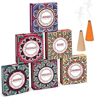 Incense Cones Set - Lavender, Jasmine, Sandalwood, Cinnamon, Rose, Dragons Blood for Meditation & Yoga