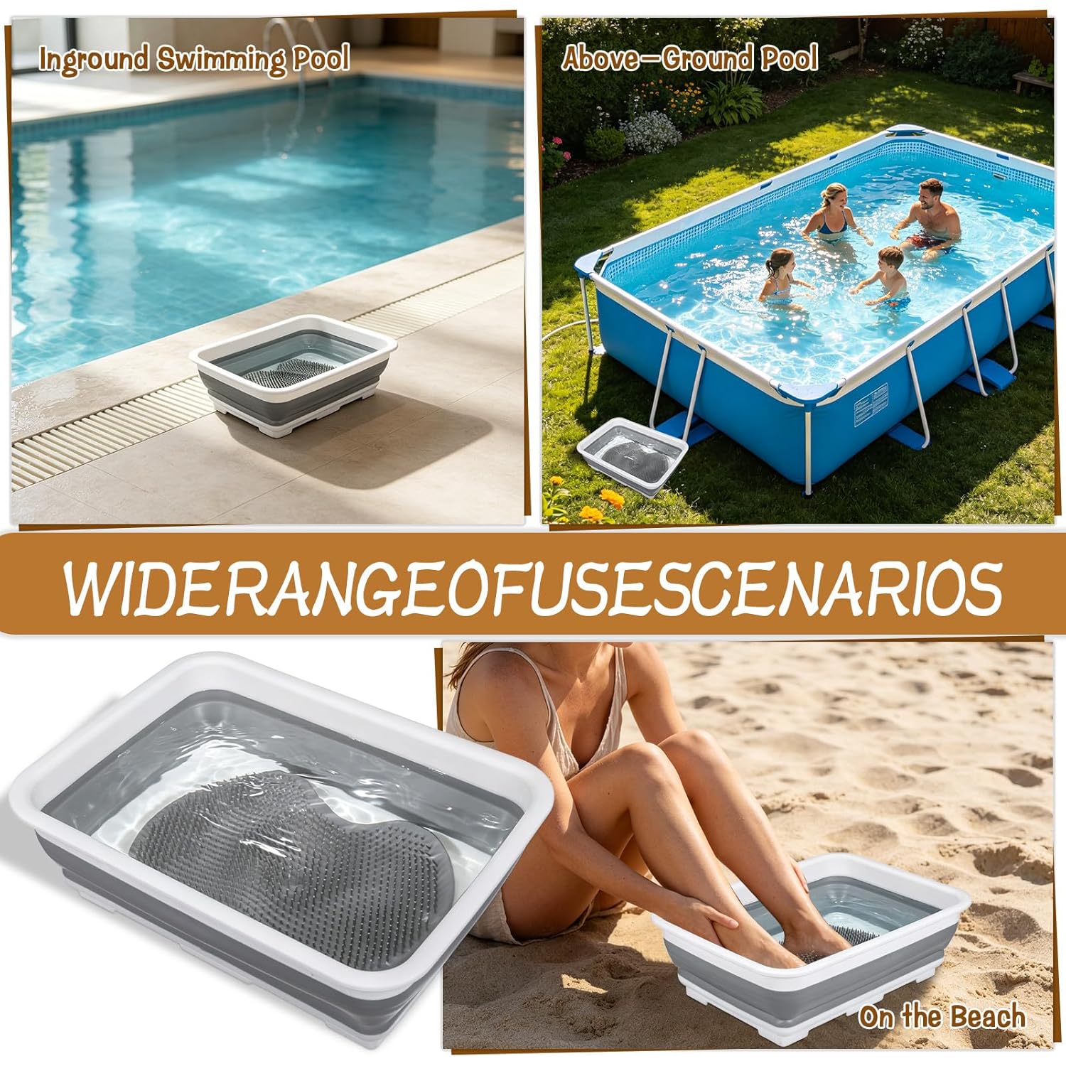 Collapsible Portable Pool Foot Bath, Non- Slip Collapsible Pool Foot Wash Basin Tub for Swimming Pool Ladder Above Ground Swimming Pools Accessories Beach Hot Tub, Keeps Water Clean