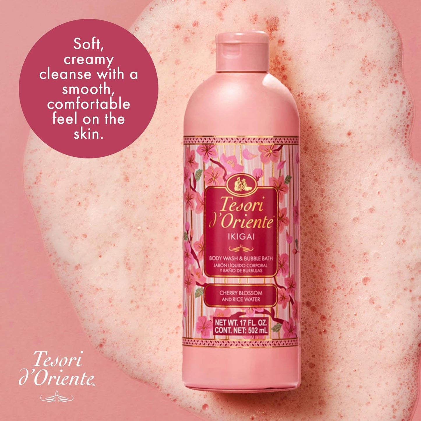 Tesori d’Oriente Ikigai Body Wash & Bubble Bath, 17.5 fl oz, Cherry Blossom Scented, Gentle Hydrating Shower Gel with Rice Water & Vitamin-E, No Silicones, Parabens & Mineral Oil