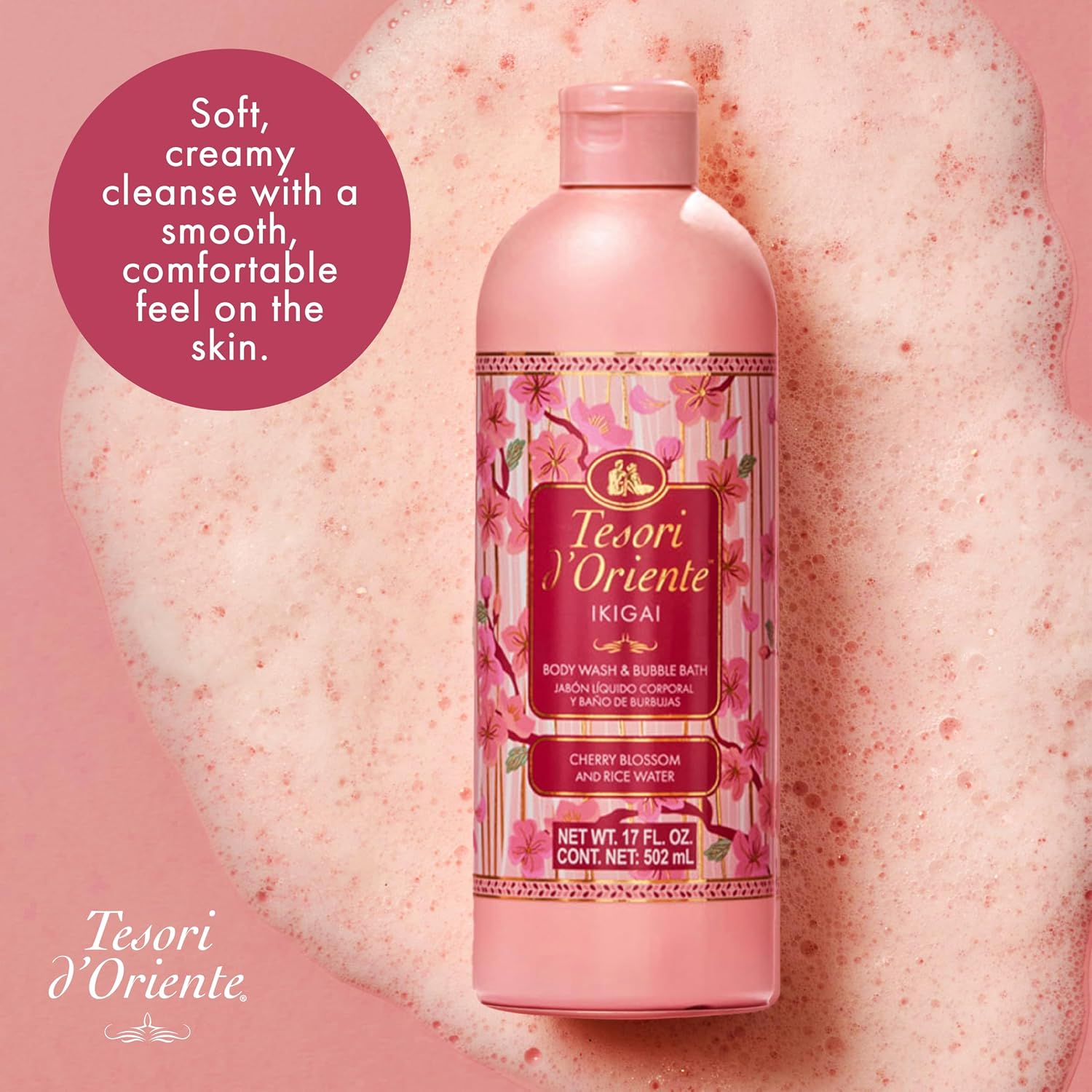 Tesori d’Oriente Ikigai Body Wash & Bubble Bath, 17.5 fl oz, Cherry Blossom Scented, Gentle Hydrating Shower Gel with Rice Water & Vitamin-E, No Silicones, Parabens & Mineral Oil