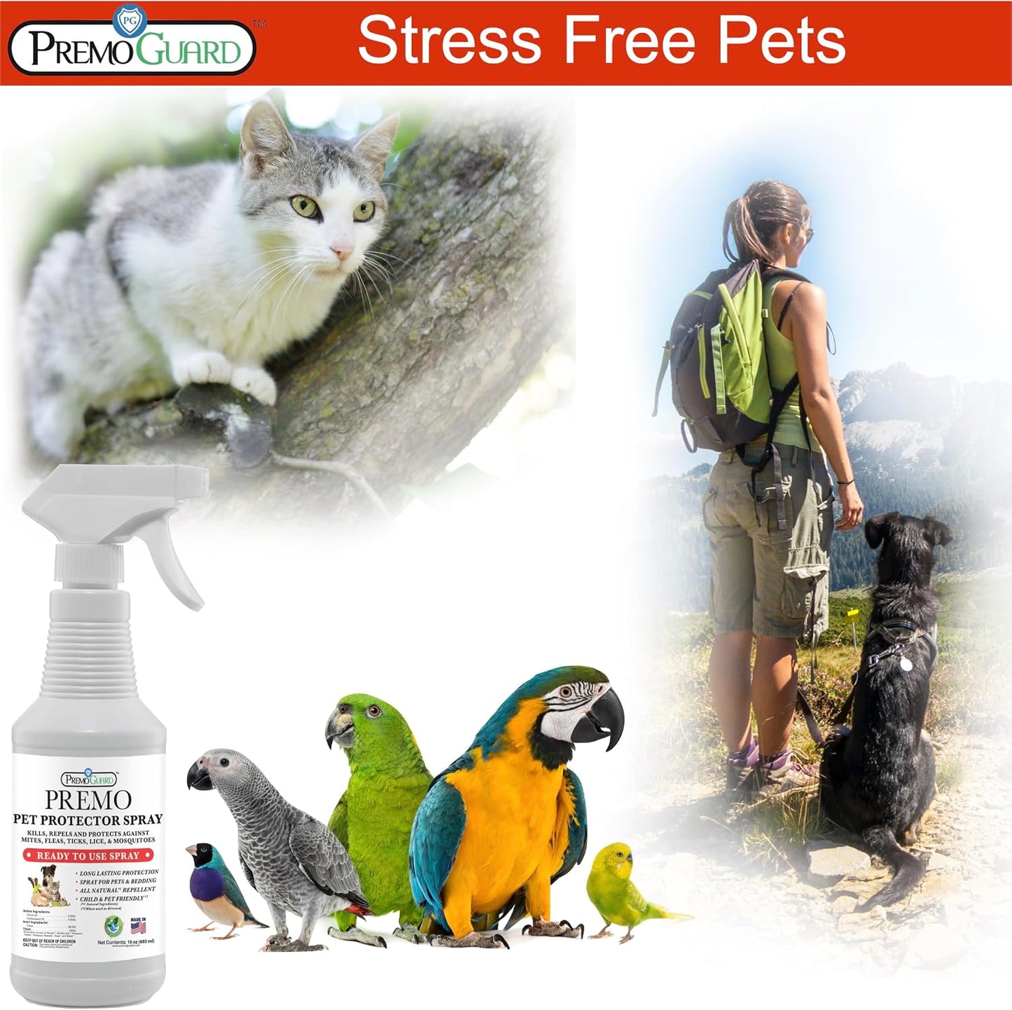 Premo Guard Pet Protector Spray - 16 oz - Kills Mites, Fleas, Ticks, & Mosquitoes - for Dogs, Cats, & Home - Natural Plant Based Oils for Control, Prevention & Treatment - Family Safe
