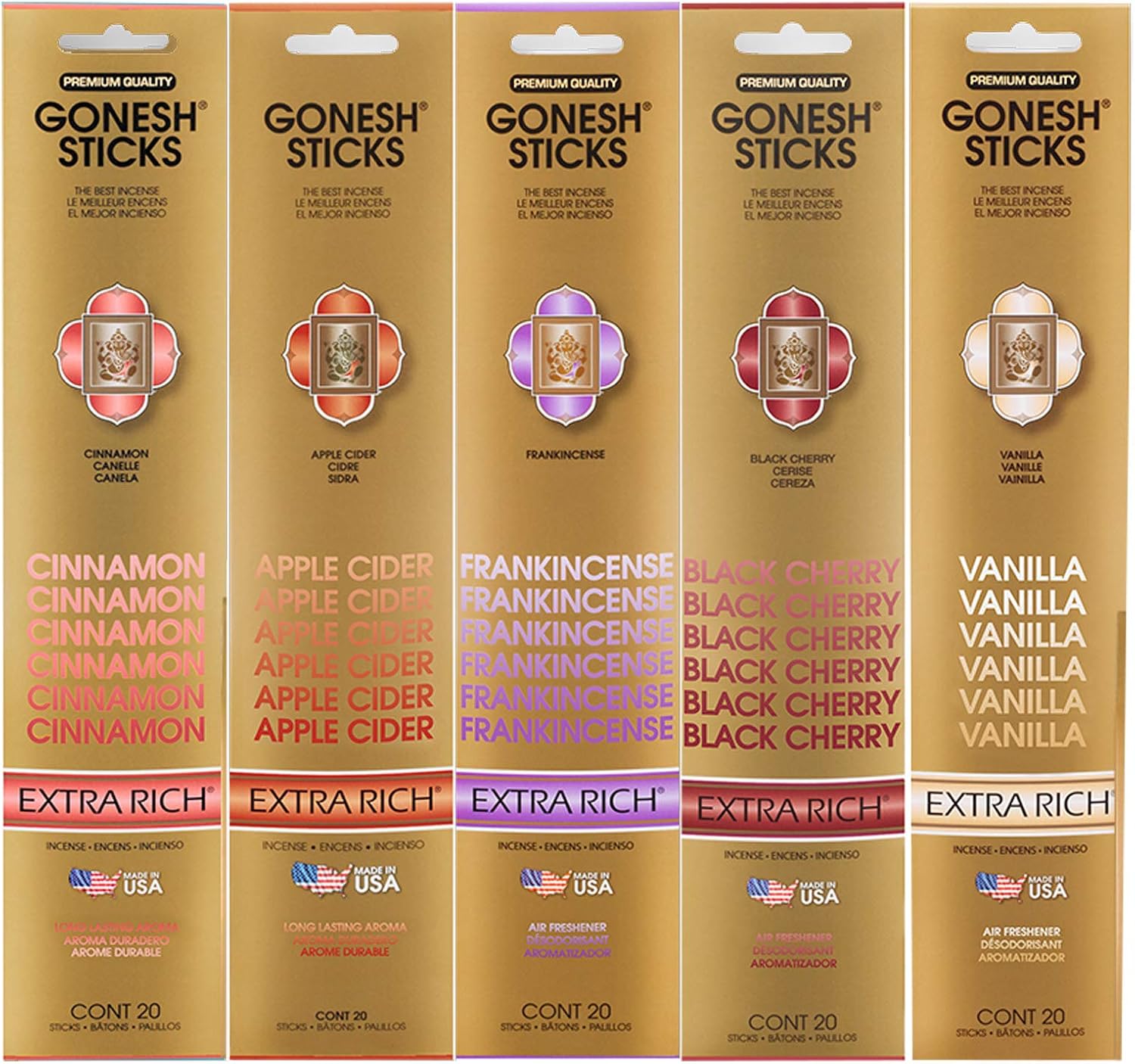 Gonesh Incense Extra Rich Collection Variety Pack, 5 Packs, 20 Sticks Each (Cinnamon, Apple Cider, Frankincense, Black Cherry, Vanilla)