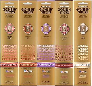 Gonesh Incense Extra Rich Collection Variety Pack, 5 Packs, 20 Sticks Each (Cinnamon, Apple Cider, Frankincense, Black Cherry, Vanilla)