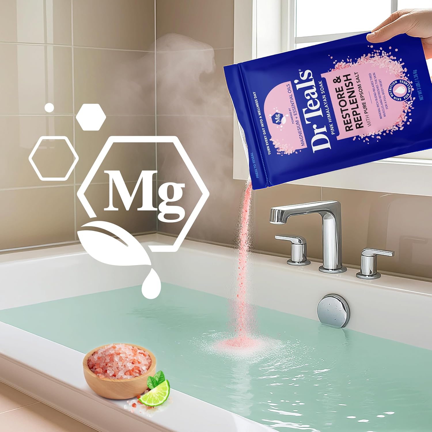Dr Teal's Epsom Salt Magnesium Soak, Restore & Replenish with Pink Himalayan Salt, 3 lbs