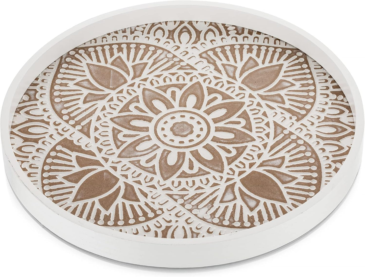 Hanobe Decorative Serving Tray Round: Farmhouse Coffee Table Decor Boho White Mandala Trays for Living Room Kitchen Bathroom Display