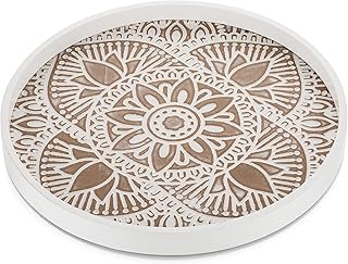 Hanobe Decorative Serving Tray Round: Farmhouse Coffee Table Decor Boho White Mandala Trays for Living Room Kitchen Bathroom Display