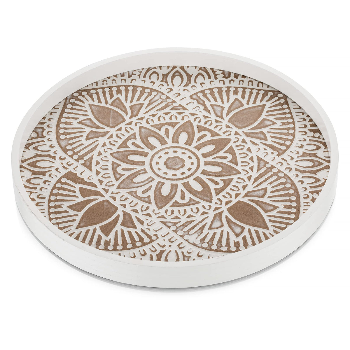 Hanobe Decorative Serving Tray Round: Farmhouse Coffee Table Decor Boho White Mandala Trays for Living Room Kitchen Bathroom