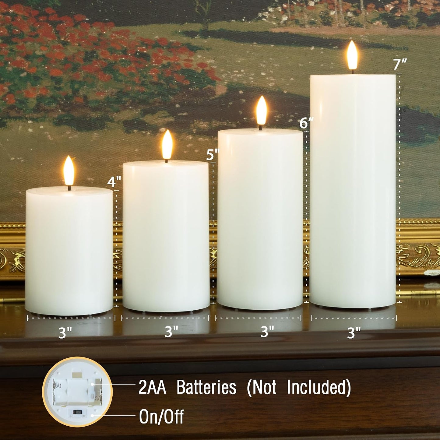 White Flameless Pillar Candles, Battery Operated Wax Candles with Remote, Flat Top Flickering Flameless Candles, LED Candle for Home, Wedding, Party Decor, Set of 4, Φ 3" H 4" 5" 6" 8"