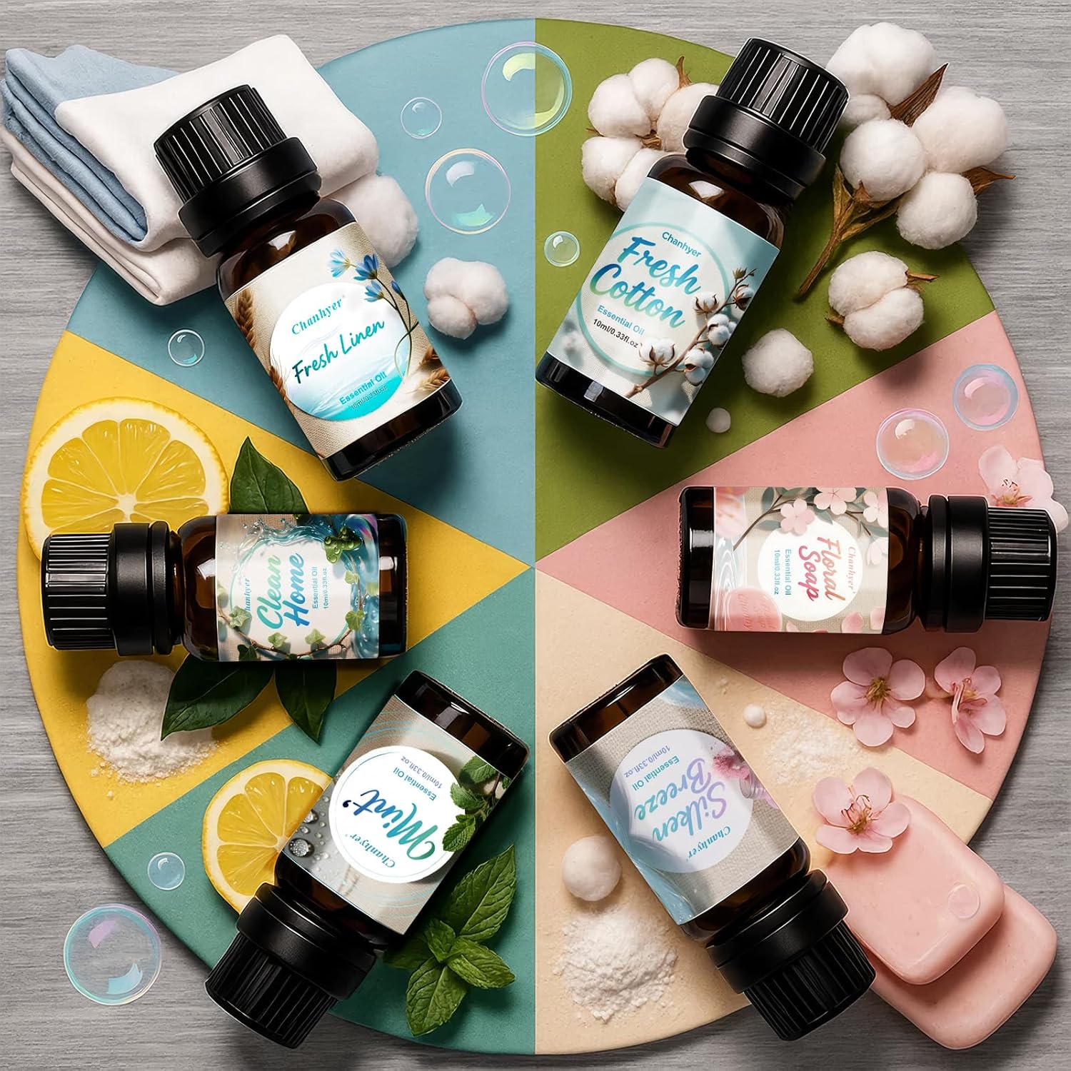 Clean Essential Oils Set 6x10ml-Fresh Linen,Mint,Clean Home,Silken Breeze,Fresh Cotton,Floral Soap for Diffuser,Home Fragrance