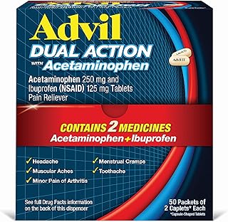 Advil Dual Action Coated Caplets with Acetaminophen, 250 Mg Ibuprofen and 500 Mg Acetaminophen Per Dose (2 Dose Equivalent) for 8 Hour Pain Relief - 2 Count x 50