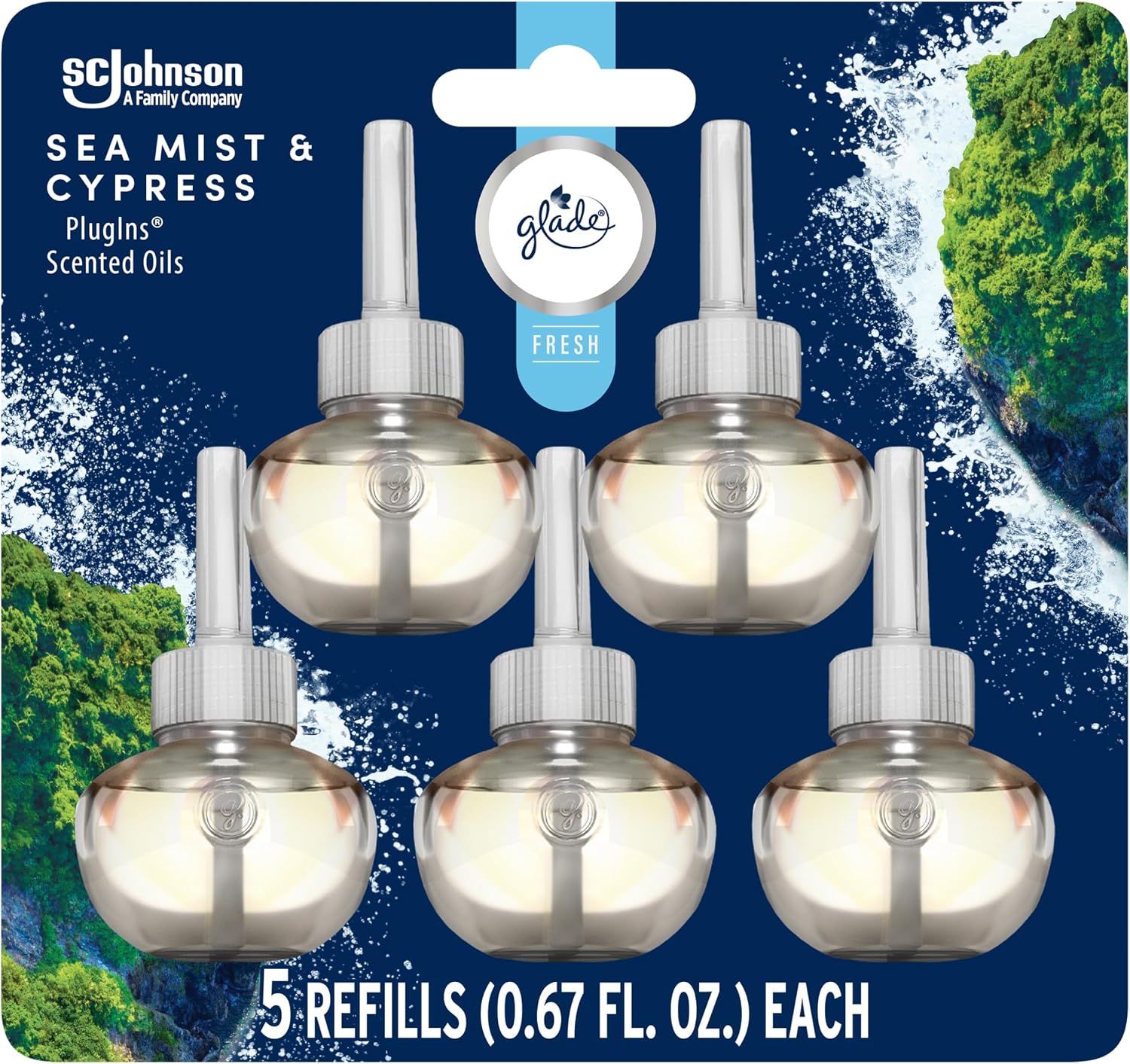 Glade PlugIns Refills Air Freshener, Sea Mist & Cypress, Scented and Essential Oils for Home and Bathroom, 0.67 Fl Oz, 5 Count