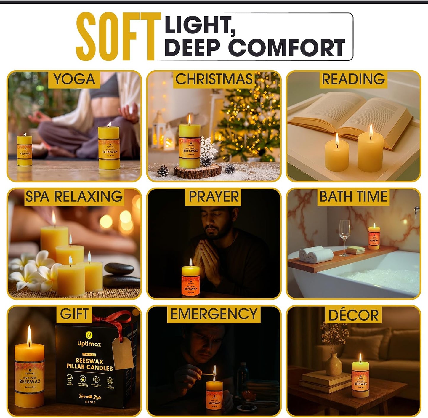 Beeswax Pillar Candles Set of 4, 2x4 Inch, 100% Beeswax Candle with Cotton Wick, Long Burning, Dripless Candle Bees Wax for Home, Décor, Prayer, Emergency