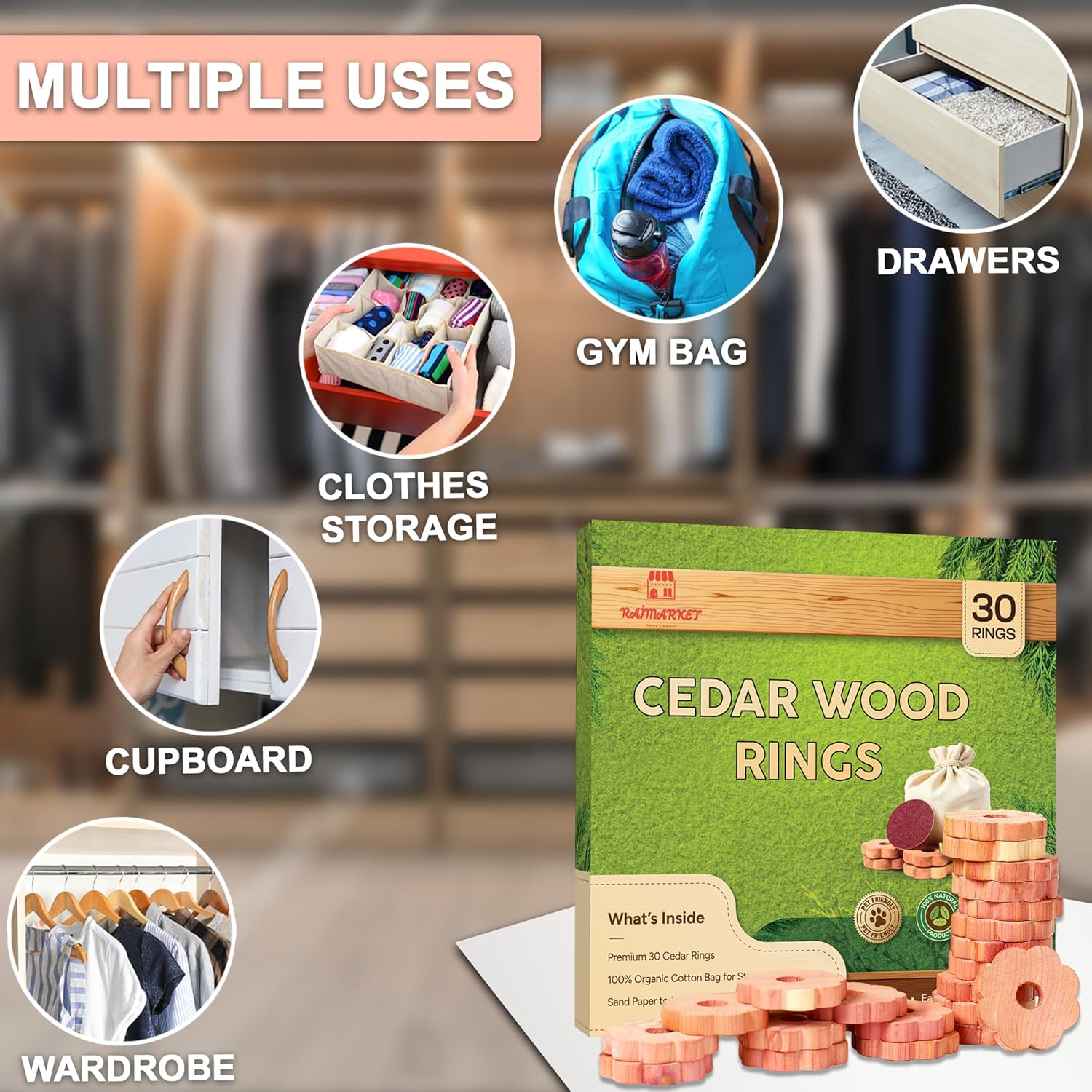 Cedar Blocks for Clothes Storage - Raimarket 30 Pack Cedar Rings - 100% Natural Aromatic Cedar Wood Chips for Closets, Wardrobe, Drawers & Shelves - Scented Wardrobe Freshener- Moisture Absorption