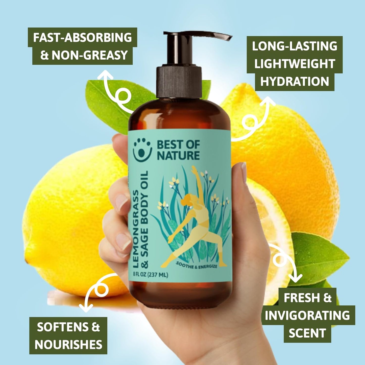 Best of Nature Lemongrass & Sage Aromatherapy Massage Oil – Non-Greasy Body Oil for Skin, Face & Massage – Uplifting Essential Oil Blend – 8 fl oz