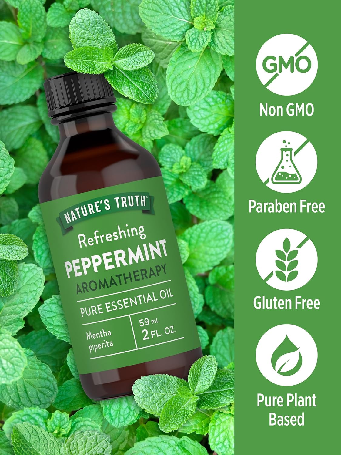 Nature's Truth Peppermint Essential Oil Pure | 2 fl oz | for Diffuser, Aromatherapy, and Massage | Value Size | Plant Based, Non-GMO & Gluten Free