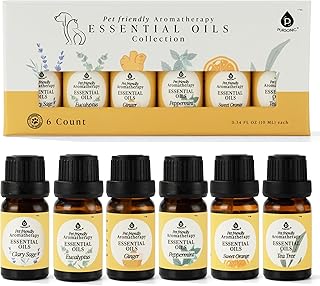 Pursonic Pet-Friendly Aromatherapy Oil Blends, 6-Piece Set with Eucalyptus, Sweet Orange, Peppermint, Clary Sage, Tea Tree, Ginger - Vet-Approved, Pet-Safe Aromatherapy, 10 ML