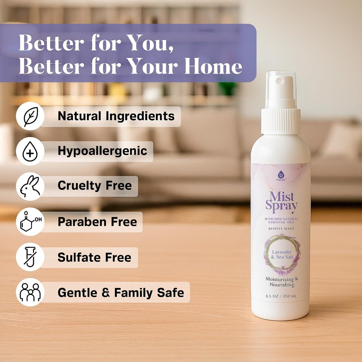 Pursonic Lavender & Sea Salt Mist Body Spray – Multi-Use Aromatherapy with Essential Oils for Skin, Pillow Spray for Sleeping, Linen & Room Freshener, Hydrating Body Mist, 8.5 oz