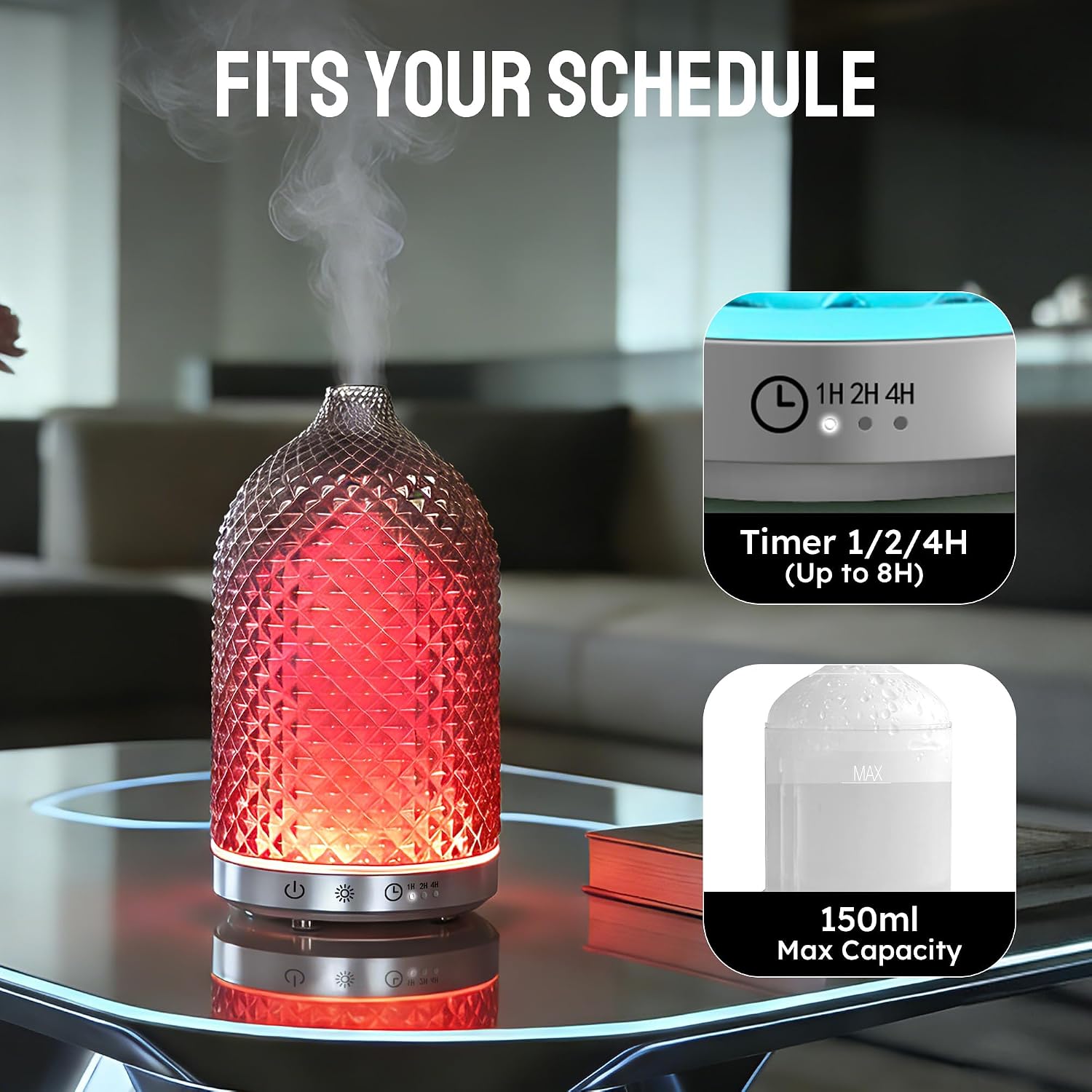 Essential Oil Diffuser 150ml, Glass Aromatherapy Diffuser with Ultrasonic Cool Mist, 7 Color LED Lights, 1/2/4H Timer, Quiet Auto Shut-Off Oil Diffuser for Bedroom, Home, Office (Silvery)