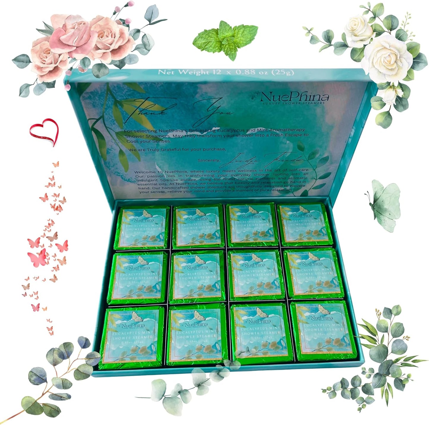 Luxury Eucalyptus and Mint Shower Steamers, 100% Natural Ingredients with Pure Essential Oils. These Steamers Will Create a Fresh Escape to Relieve Your Senses. A Premium Self-Care Gift for Women